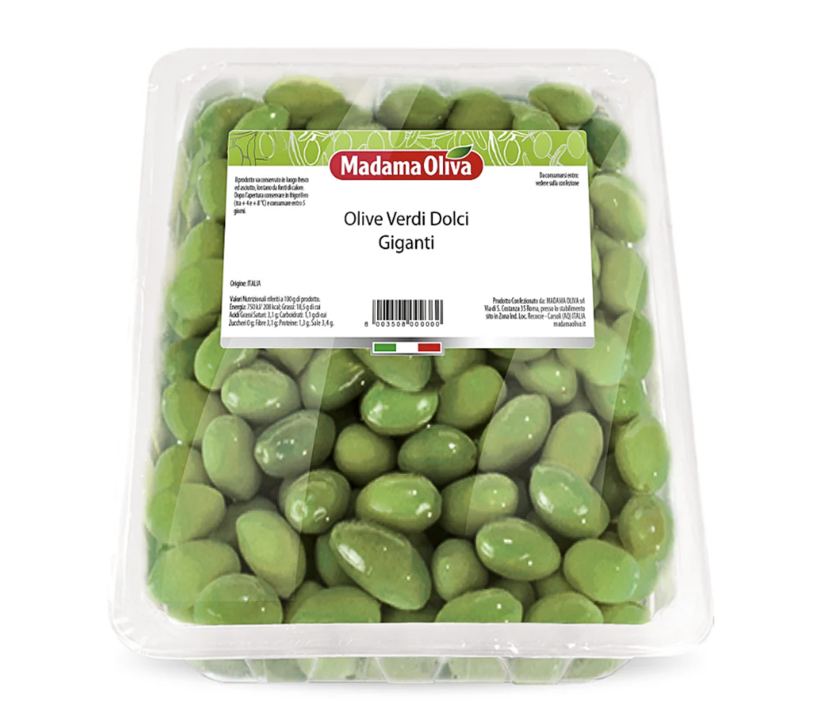 Suured rohelised oliivid (magusad), MADAMA OLIVA, 1500/1000g, BB:20.10.2025