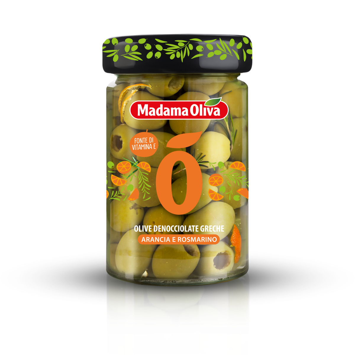 Rohelised kivita oliivid maitsestatud apelsini ja rosmariiniga, MADAMA OLIVA, 300/140 g