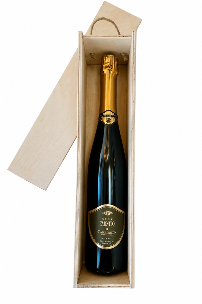 Vahuvein Farnito Chardonnay Spumante Brut puidust kinkekarbis-tõesõna pikemat pudelit annab leida!", CARPINETO, 75 cl