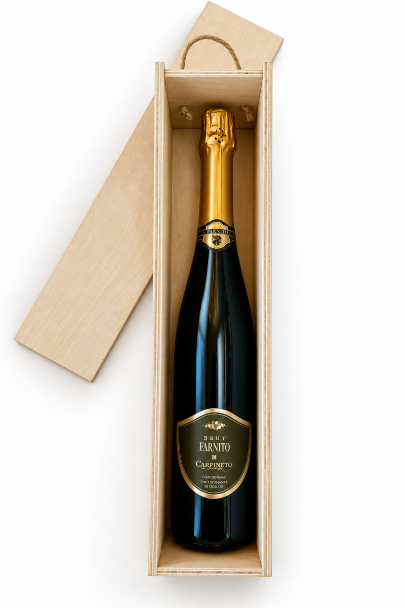 Vahuvein Farnito Chardonnay Spumante Brut puidust kinkekarbis-tõesõna pikemat pudelit annab leida!", CARPINETO, 75 