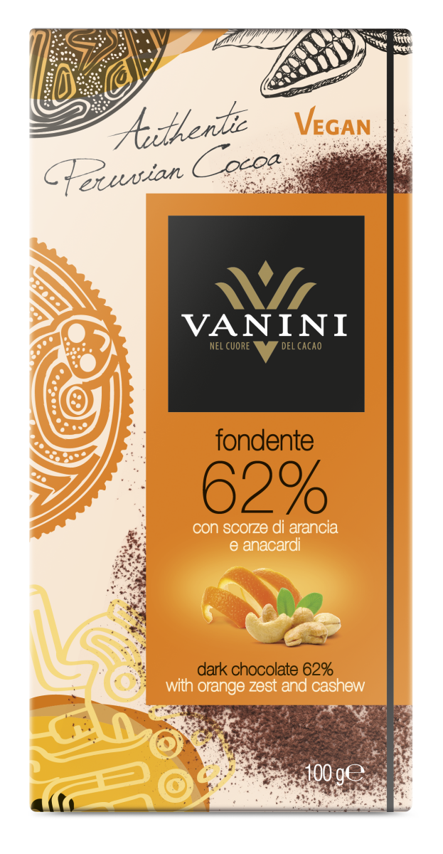 Vanini tume 62% šokolaad apelsinikoore ja India pähkliga, VANINI, 100 g
