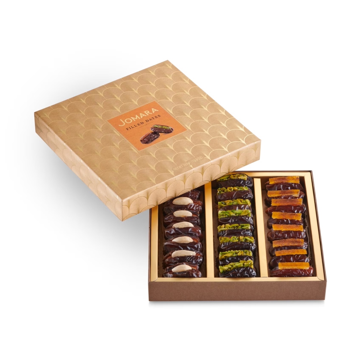 Täidetud datlid kuldses kinkepakendis, JOMARA, 365g, BB: 11.08.2026